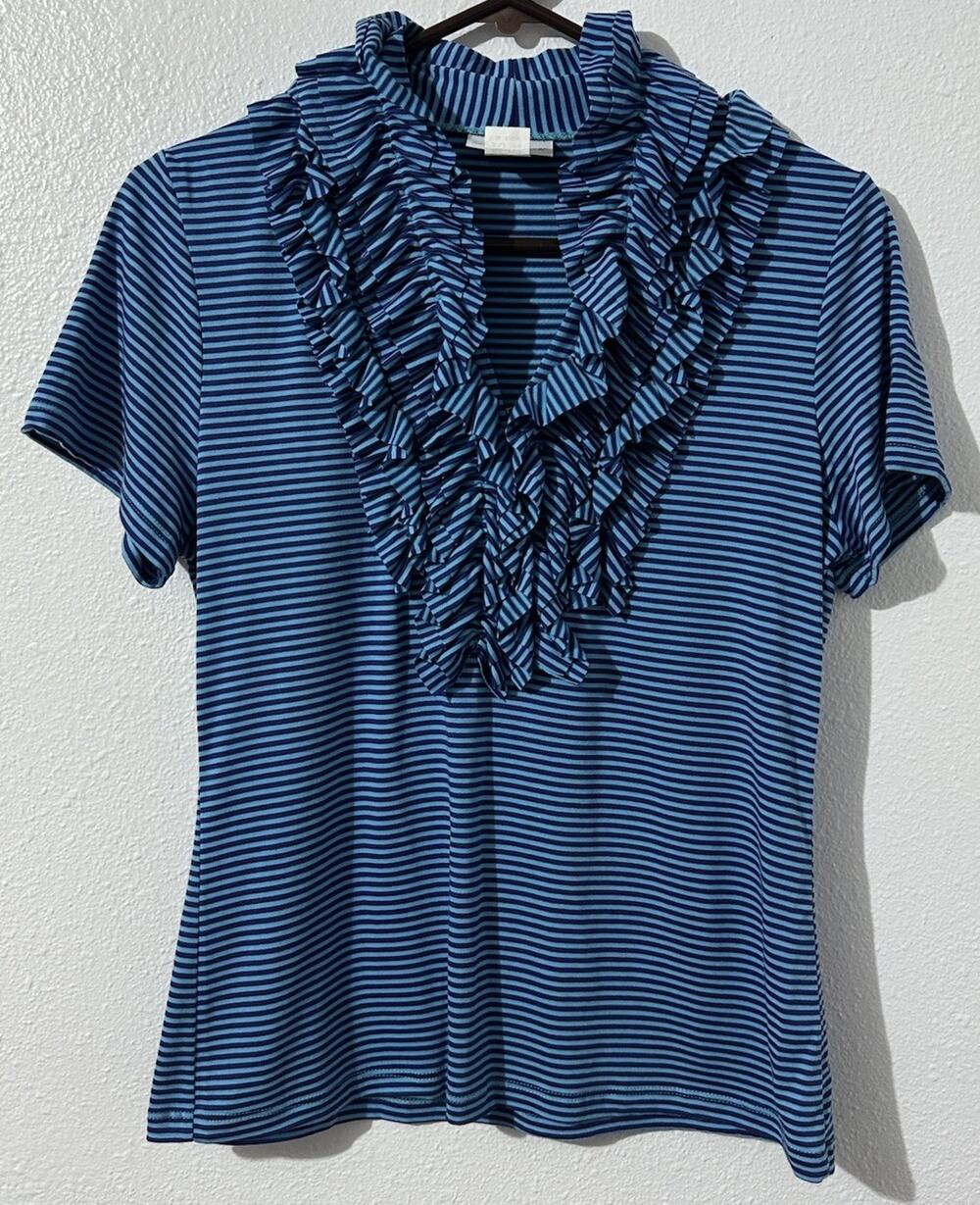 Soft Surroundings Blue Striped Ruffled V-Neck Short Sleeve Blouse Shirt Med